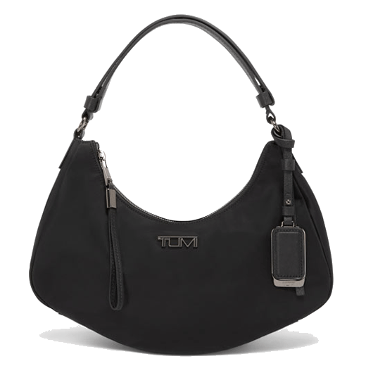 TUMI's Voyageur Black/Gunmetal Camilla Shoulder Bag has a detachable leather tag that can be embossed.