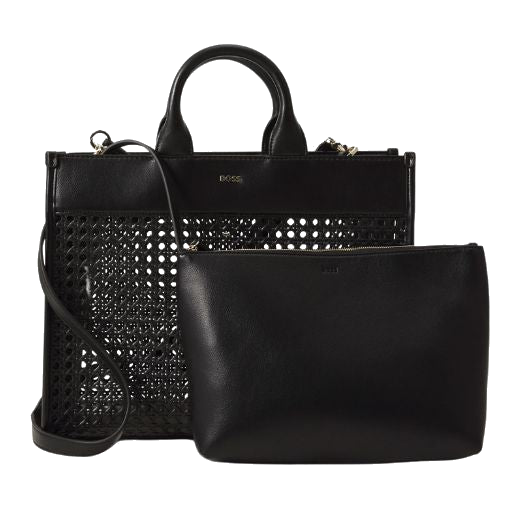 This BOSS Sandy Faux Leather Black Woven Tote Bag With Zip Pouch has a detachable zipped pouch in matching faux leather.