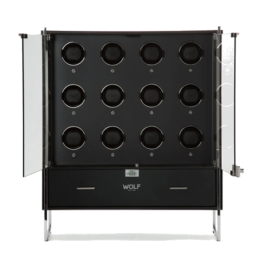 This Wolf Regent 12PC Watch Cabinet Winder is made out of wood and glass.