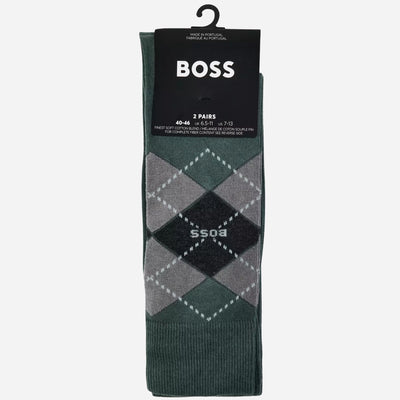 The BOSS 2-Pack Regular Length Green Cotton Blend Argyle Socks in the packaging.