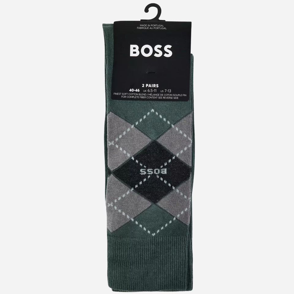 The BOSS 2-Pack Regular Length Green Cotton Blend Argyle Socks in the packaging.