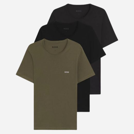 The 3-Pack Organic Cotton Classic Crew Neck T-Shirts in Black Grey Green by BOSS.
