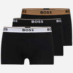 The BOSS 3-Pack of Black Stretch Cotton Trunks with Signature Stripe Waistbands by BOSS.