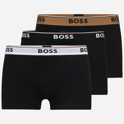 The BOSS 3-Pack of Black Stretch Cotton Trunks with Signature Stripe Waistbands by BOSS.
