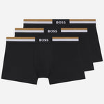The BOSS 3-Pack of Black Cotton Blend Motion Boxer Shorts with Three Stripe and Logo Waistband by BOSS.
