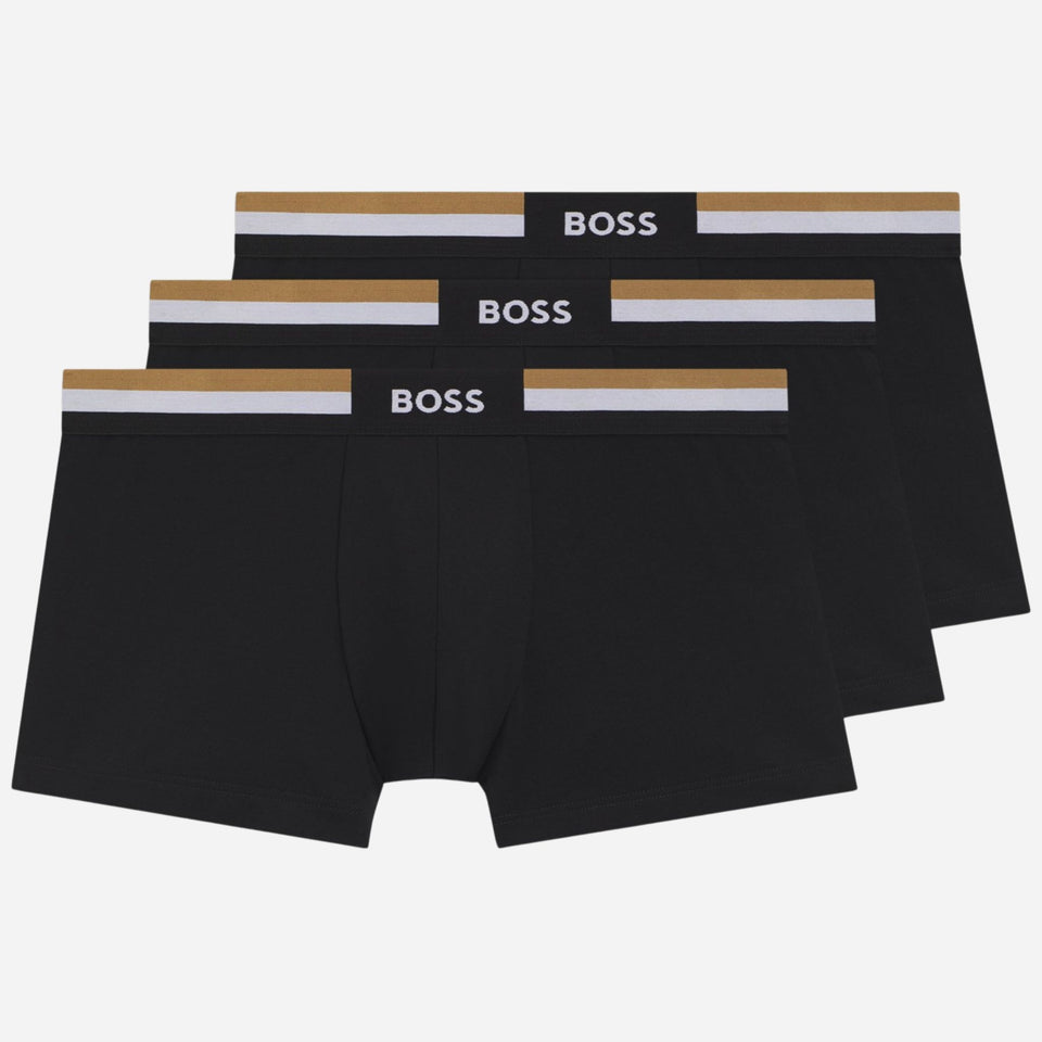 The BOSS 3-Pack of Black Cotton Blend Motion Boxer Shorts with Three Stripe and Logo Waistband by BOSS.