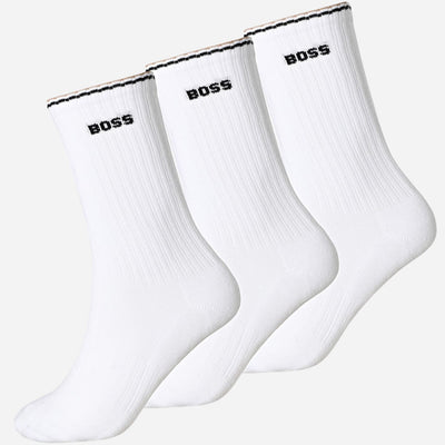 The BOSS 3-Pack of Quarter-Length Cotton-Blend White Socks with Three-Stripe Edges by BOSS.