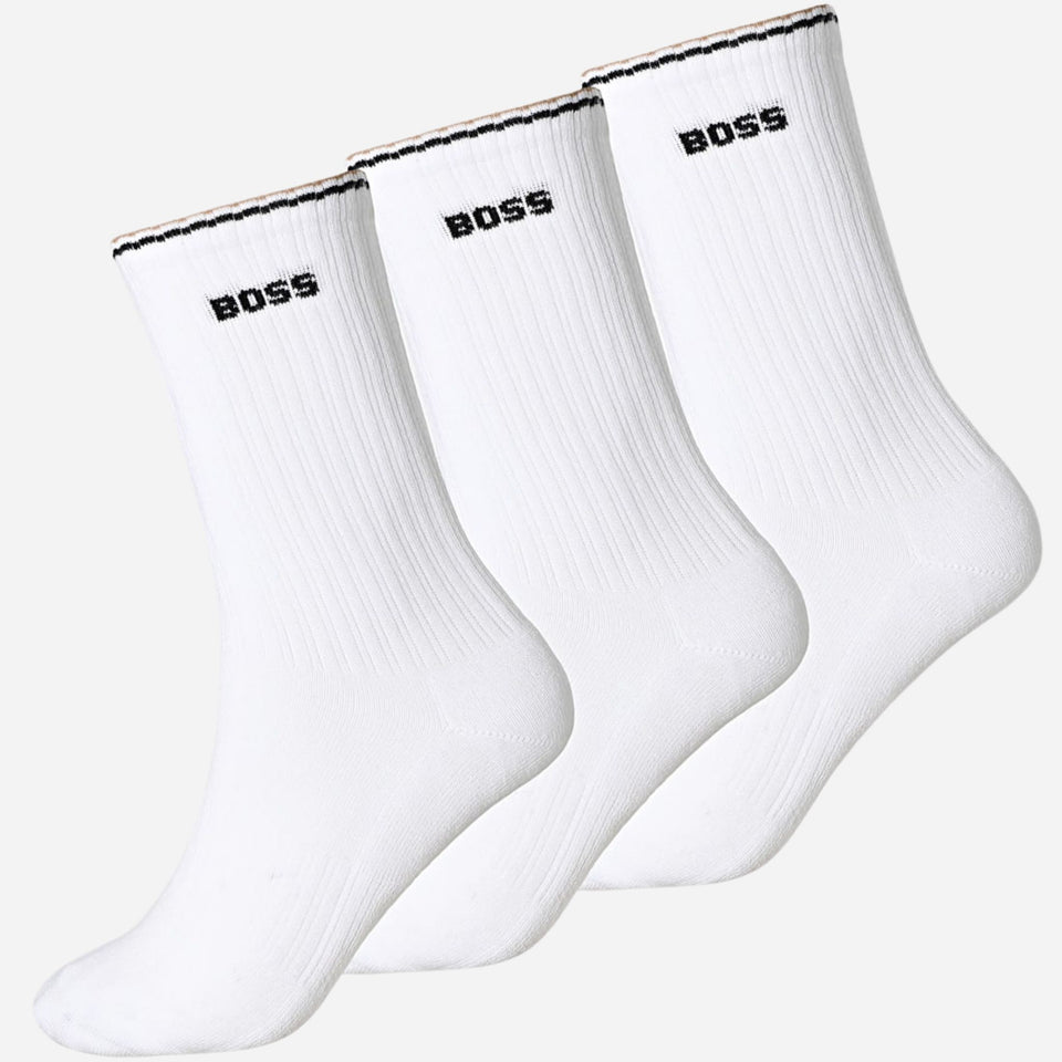 The BOSS 3-Pack of Quarter-Length Cotton-Blend White Socks with Three-Stripe Edges by BOSS.