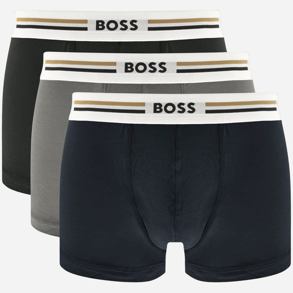 The BOSS 3-Pack of Viscose Stretch Revive Boxer Shorts with Three Stripe and Logo Waistband by BOSS.