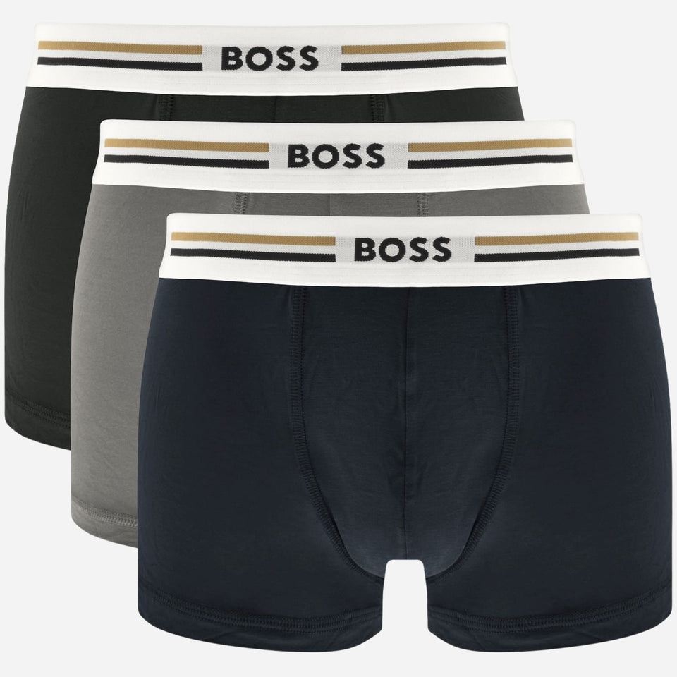 The BOSS 3-Pack of Viscose Stretch Revive Boxer Shorts with Three Stripe and Logo Waistband by BOSS.