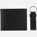 The BOSS 8CC Black Leather Trifold Wallet and Black Leather Key Fob Gift Set by BOSS.