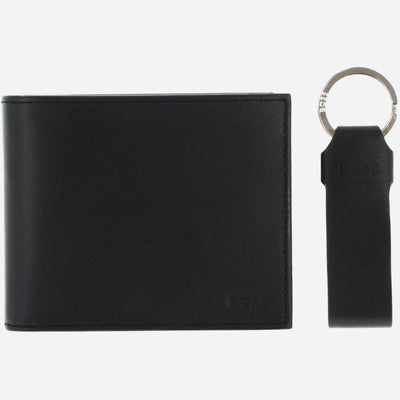 The BOSS 8CC Black Leather Trifold Wallet and Black Leather Key Fob Gift Set by BOSS.