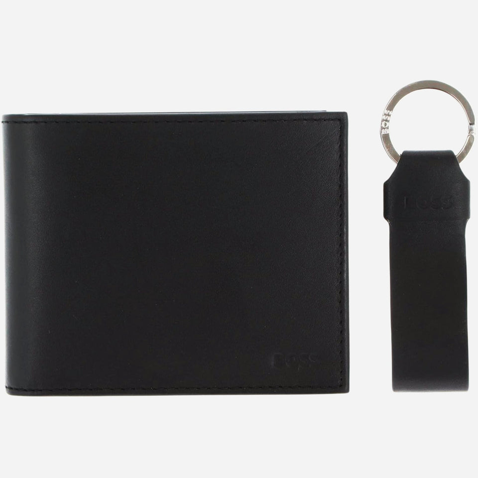 The BOSS 8CC Black Leather Trifold Wallet and Black Leather Key Fob Gift Set by BOSS.