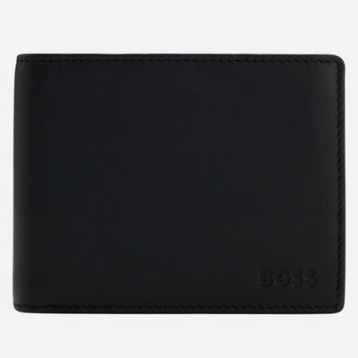 The BOSS Arezzo Grained Black Leather Trifold Wallet with Embossed Logo by BOSS.