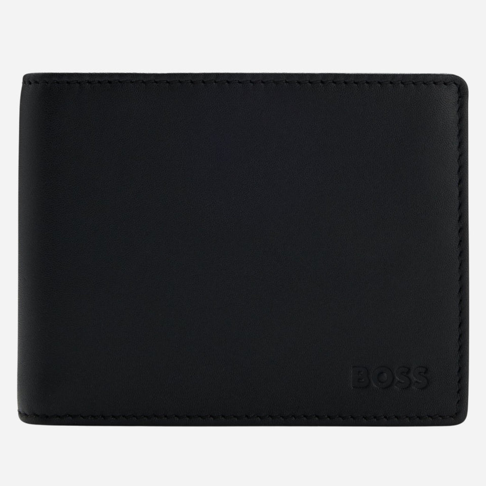 The BOSS Arezzo Grained Black Leather Trifold Wallet with Embossed Logo by BOSS.