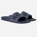 The Aryeh Navy Blue Italian Made Slides with Large Black Logo by BOSS.