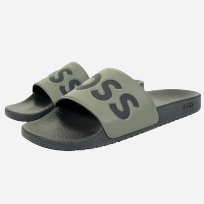 The Aryeh Open Green Italian Made Slides with Large Black Logo by BOSS.
