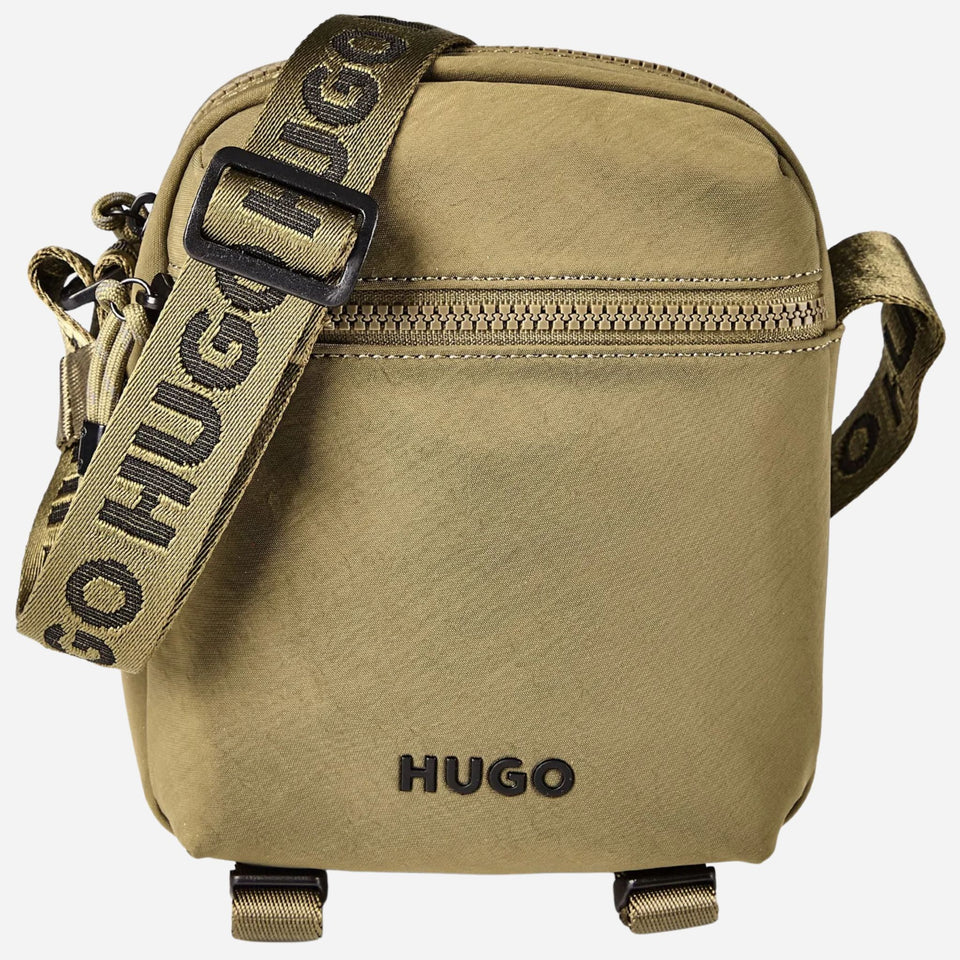 The BOSS Ayden Green NS Zip Cross Body Bag with Raised Hugo Logo by BOSS.