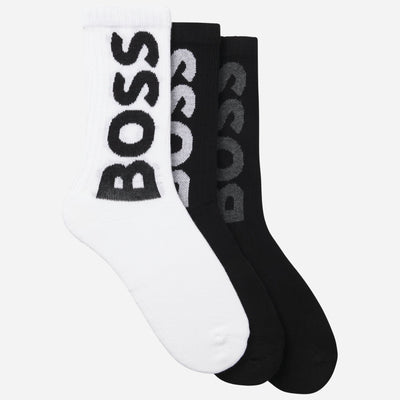 The BOSS Pack of 3 White & Black Quarter Length Cotton Blend Socks with Large Logos by BOSS.