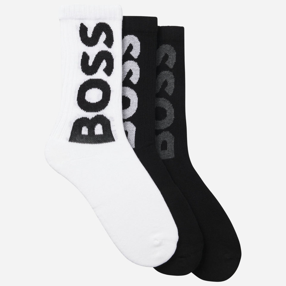 The BOSS Pack of 3 White & Black Quarter Length Cotton Blend Socks with Large Logos by BOSS.