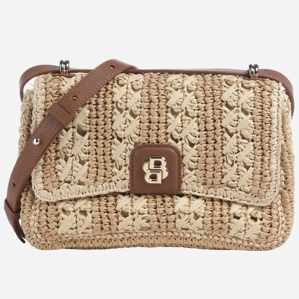 The BOSS Beyond Raffia Cross Body Bag with Brown Trims and Double 'B' Monogram Logo by BOSS.