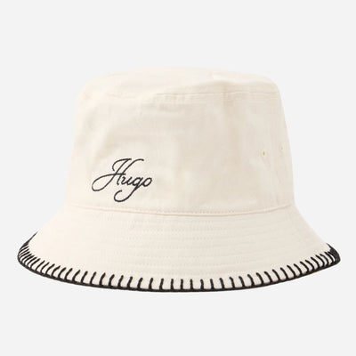 The BOSS Bayla White Bucket Hat with Embroidered Rim and Hugo Logo by BOSS.