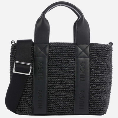 The BOSS Becky Black Raffia Mini Tote Bag with Zip by BOSS.