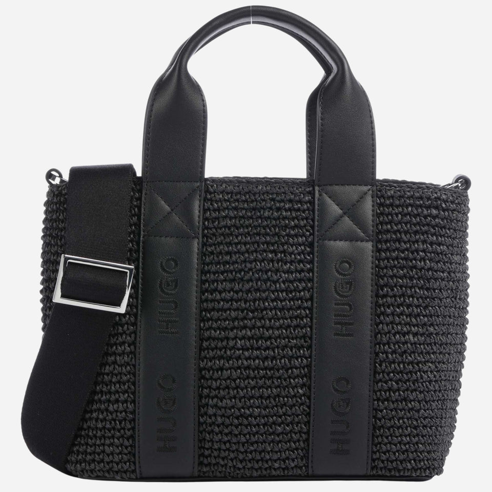 The BOSS Becky Black Raffia Mini Tote Bag with Zip by BOSS.