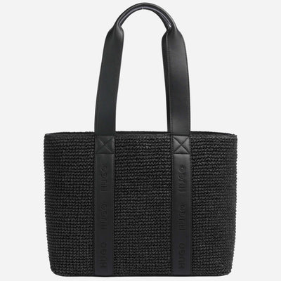 The BOSS Becky Black Raffia Tote Bag with Embossed Hugo Detailing by BOSS.