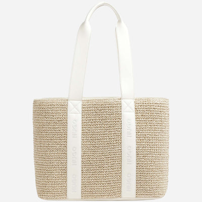 BOSS Becky White Raffia Tote Bag with Embossed Hugo Detailing