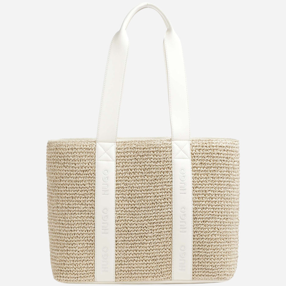 BOSS Becky White Raffia Tote Bag with Embossed Hugo Detailing