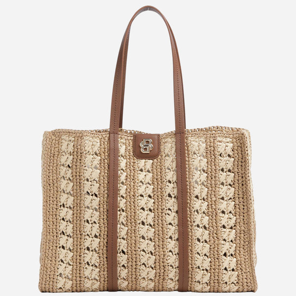 The BOSS Beyond Raffia Tote Bag with Brown Trims and Double 'B' Monogram Logo by BOSS.