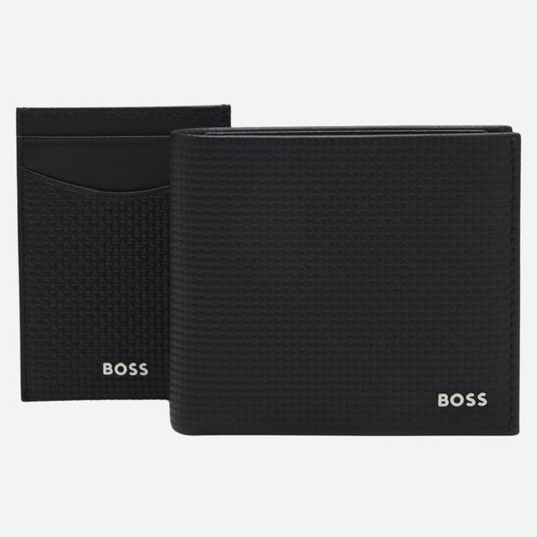 BOSS Black Embossed Leather Wallet and Card Holder Gift Set