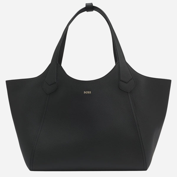 The BOSS Lenah Black Leather New Tote Bag with Metallic Logo by BOSS.