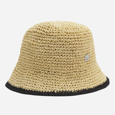 The BOSS Calantha RA Beige and Black Woven Bucket Hat with Metal Logo by BOSS.