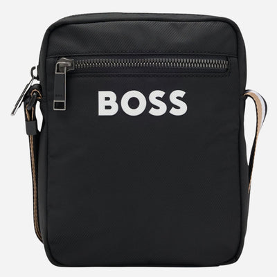 The BOSS Catch 3.0 Black NS Zip Top Cross Body Bag with Raised White Logo by BOSS.