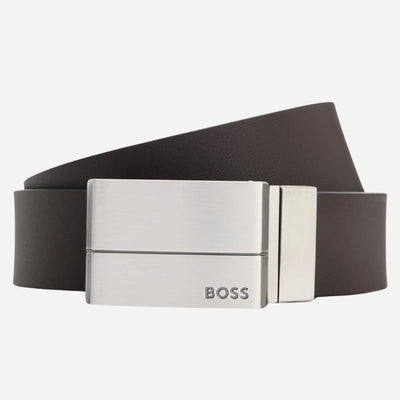 The brown leather and plaque buckle option from the BOSS Geppy Soft Reversible Black & Dark Brown Leather Plaque & Pin Buckle Belt by BOSS.