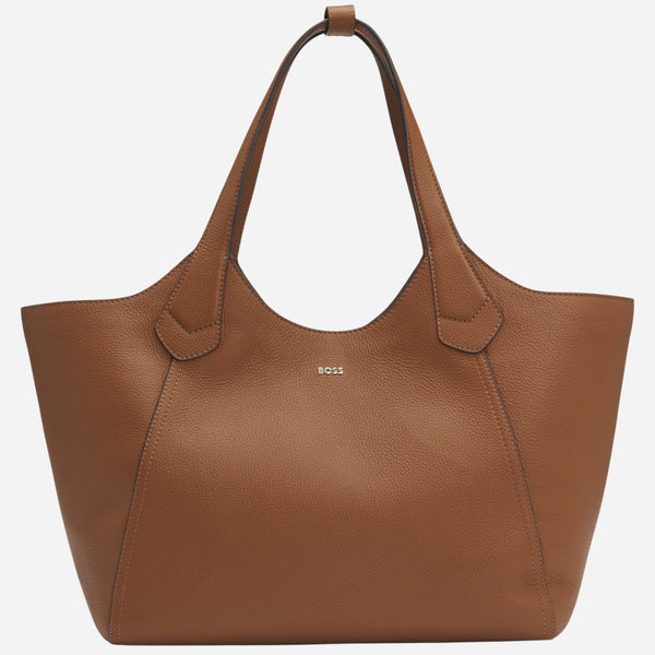 The BOSS Lenah Brown Leather New Tote Bag with Metallic Logo by BOSS.