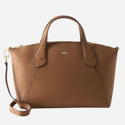 The BOSS Lenah Brown Zip Tote Bag with Metal Logo by BOSS.