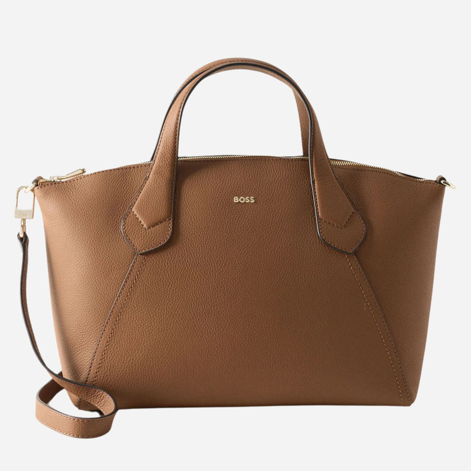 The BOSS Lenah Brown Zip Tote Bag with Metal Logo by BOSS.