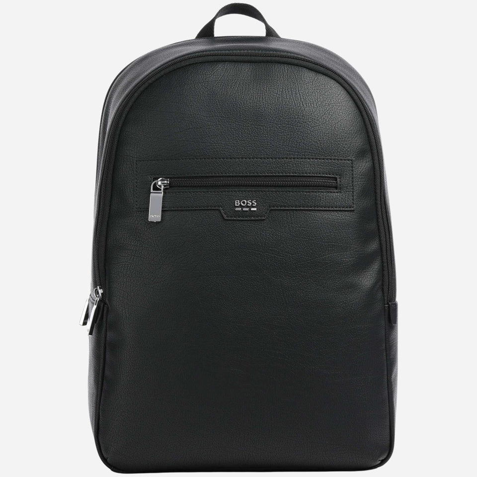 The BOSS Lewys Black Backpack with Metal Logo and Signature Three Stripes by BOSS.