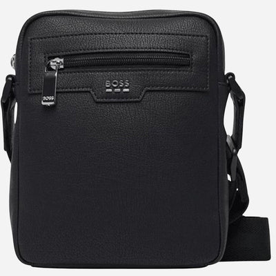The BOSS Lewys Black  NS Zip Cross Body Bag with Metal Logo and Signature Three Stripes by BOSS.