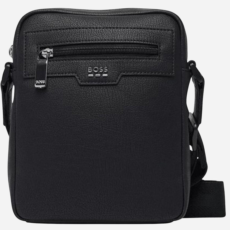 The BOSS Lewys Black  NS Zip Cross Body Bag with Metal Logo and Signature Three Stripes by BOSS.