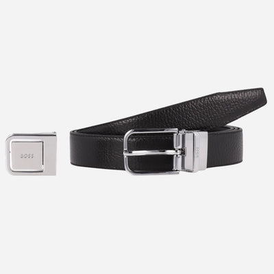 The BOSS Men’s Madison B1 Reversible Black Leather Belt with Plaque and Pin Buckles by BOSS.