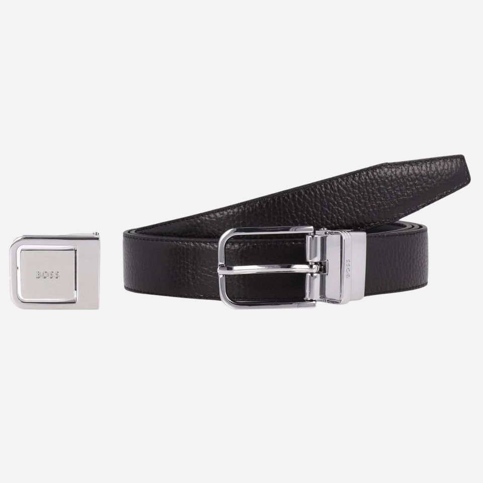 The BOSS Men’s Madison B1 Reversible Black Leather Belt with Plaque and Pin Buckles by BOSS.