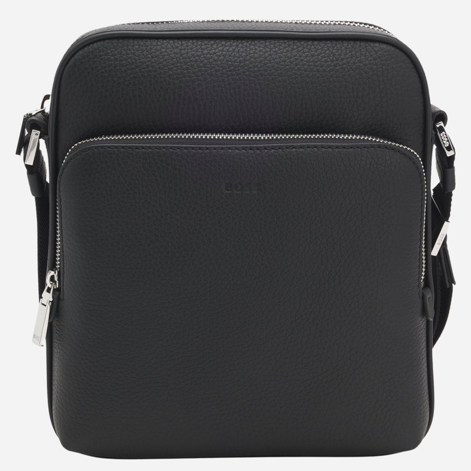 The BOSS New Crosstown NS Reporter Bag in Natural-Grain Black Leather with Zip by BOSS.