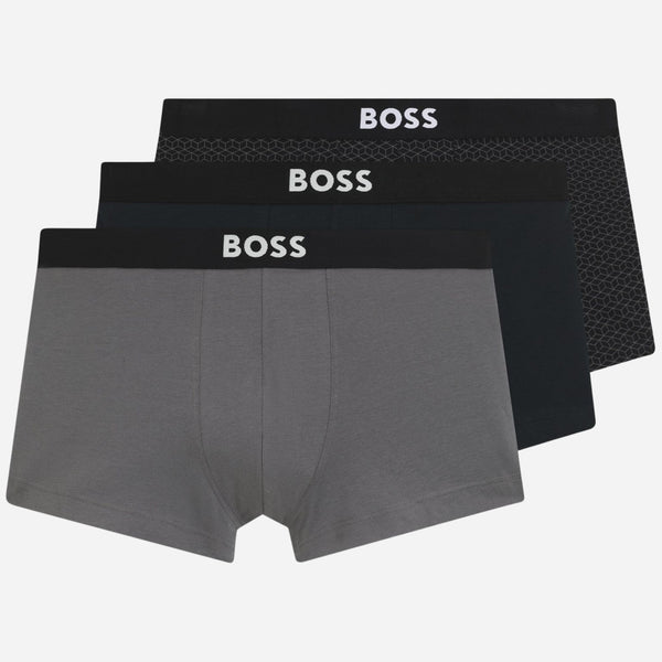 The BOSS One 3-Pack of Black and Grey Organic Stretch-Cotton Trunks with Waistband Logo by BOSS.