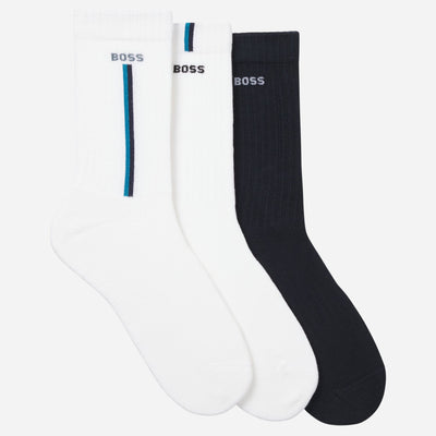 The BOSS Pack of 3 White & Navy Quarter Length Viscose Bamboo Blend Socks by BOSS.