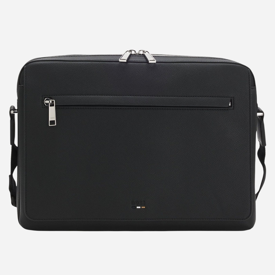 The Ray Black Faux Leather Flapover Messenger Bag with Three Stripe Detail by BOSS.
