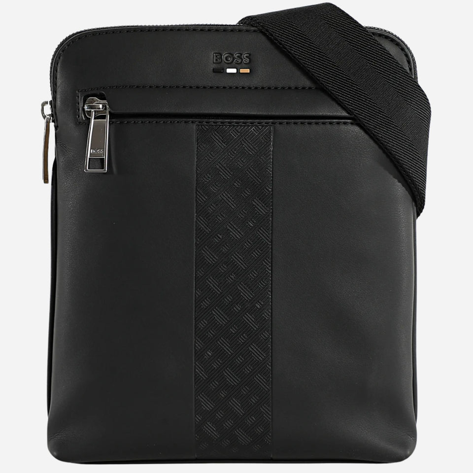 The Ray MS Black Faux Leather Zip Top Envelope Bag with Pattern Detail by BOSS.